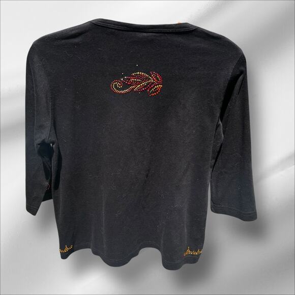 Bling Bling Artwear Rhinestone Black 3/4 Sleeve Shirt M Turkey Thanksgiving Fun - Picture 8 of 11
